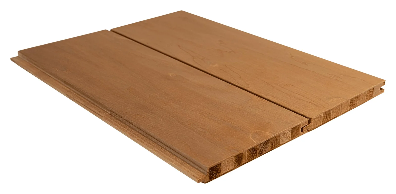 Two Respect STS3 thermo-alder sauna wall panels joined, showing the engineered core